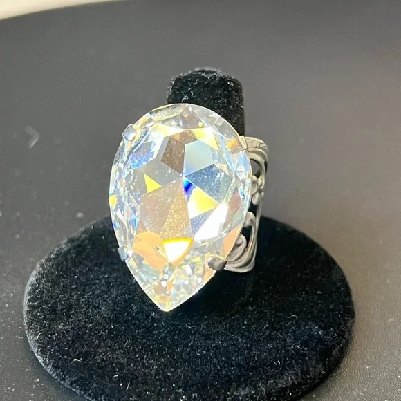 SORRELLI Cocktail Ring Signed White Crystal Set in Silver Filigree Adjustable - Picture 2 of 9